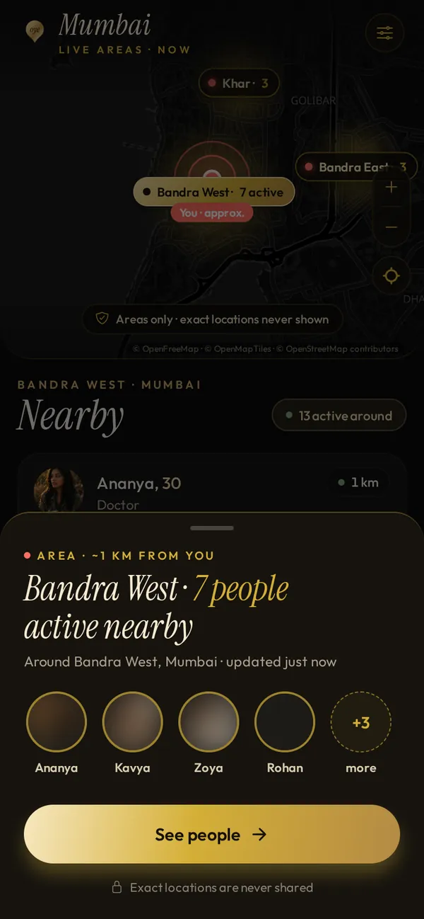 Area sheet: Bandra West, 7 people active nearby, with a See people button and the note that exact locations are never shown