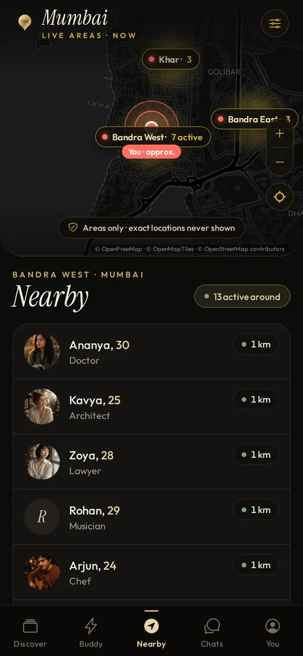 Nearby screen: a dark map of Mumbai showing activity by area, and a list of nearby people with distances